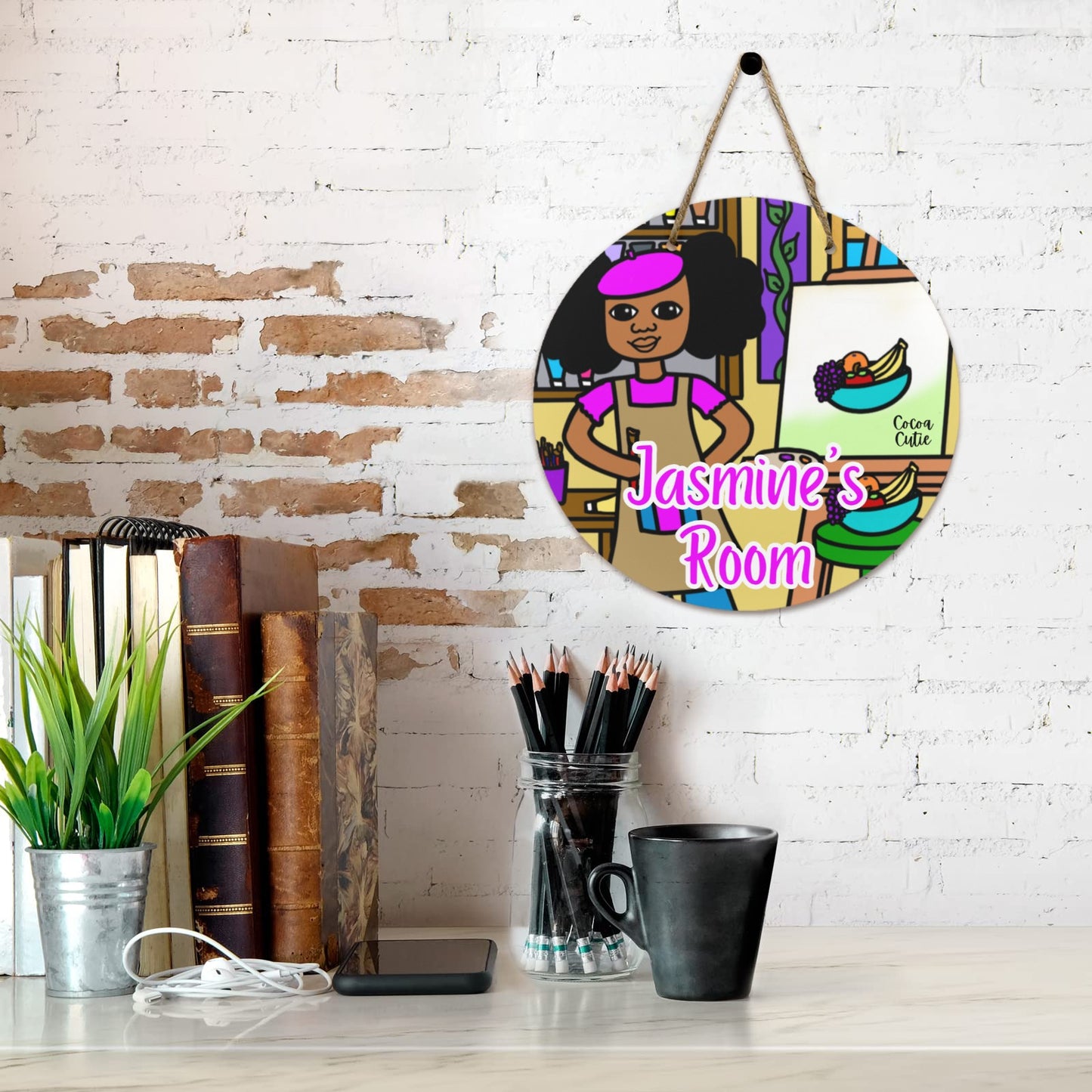 Cocoa Cutie Artist Round Wooden Wall Door Sign 11.8''