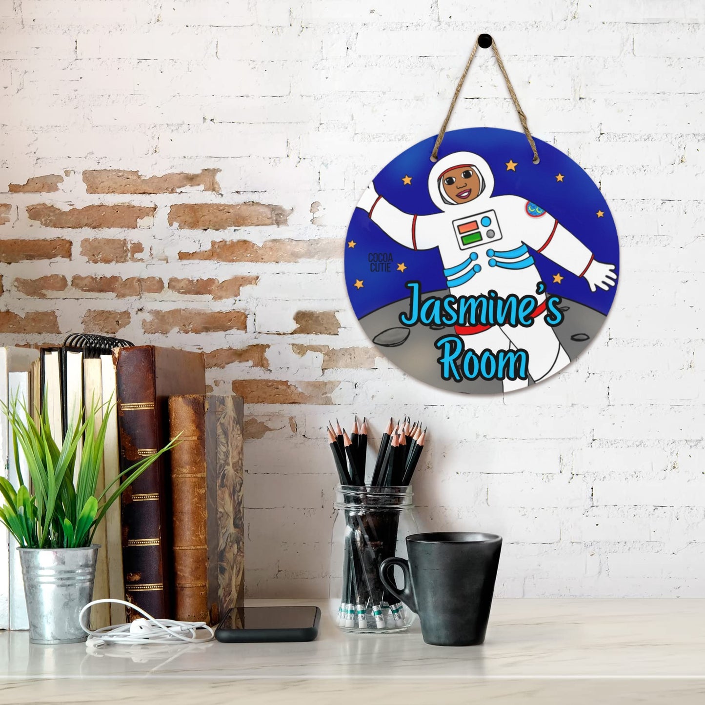 Cocoa Cutie Astronaut Girl Round Wooden Wall Door Sign 11.8''
