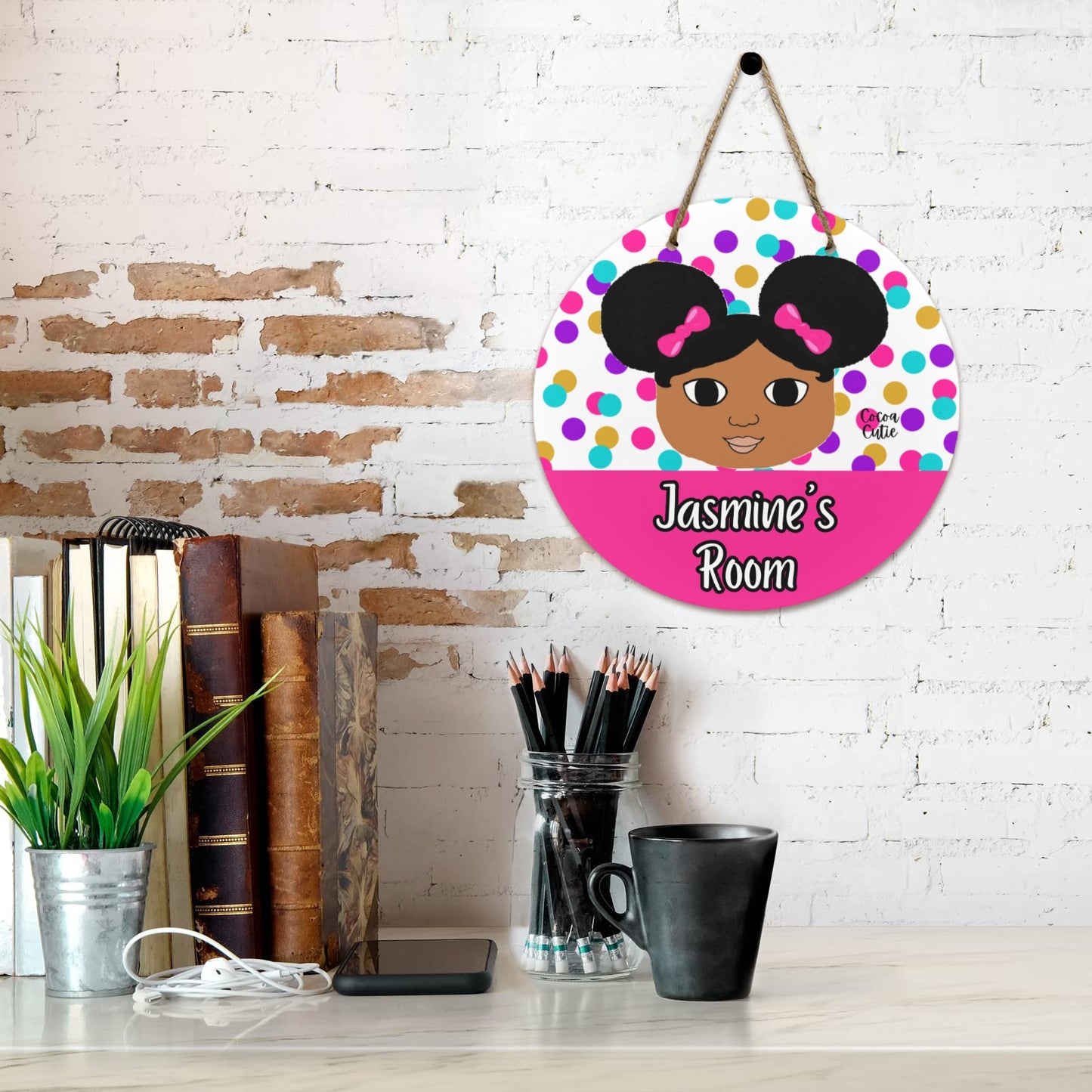 Cocoa Cutie Afro Puffs Round Wooden Wall Door Sign 11.8''