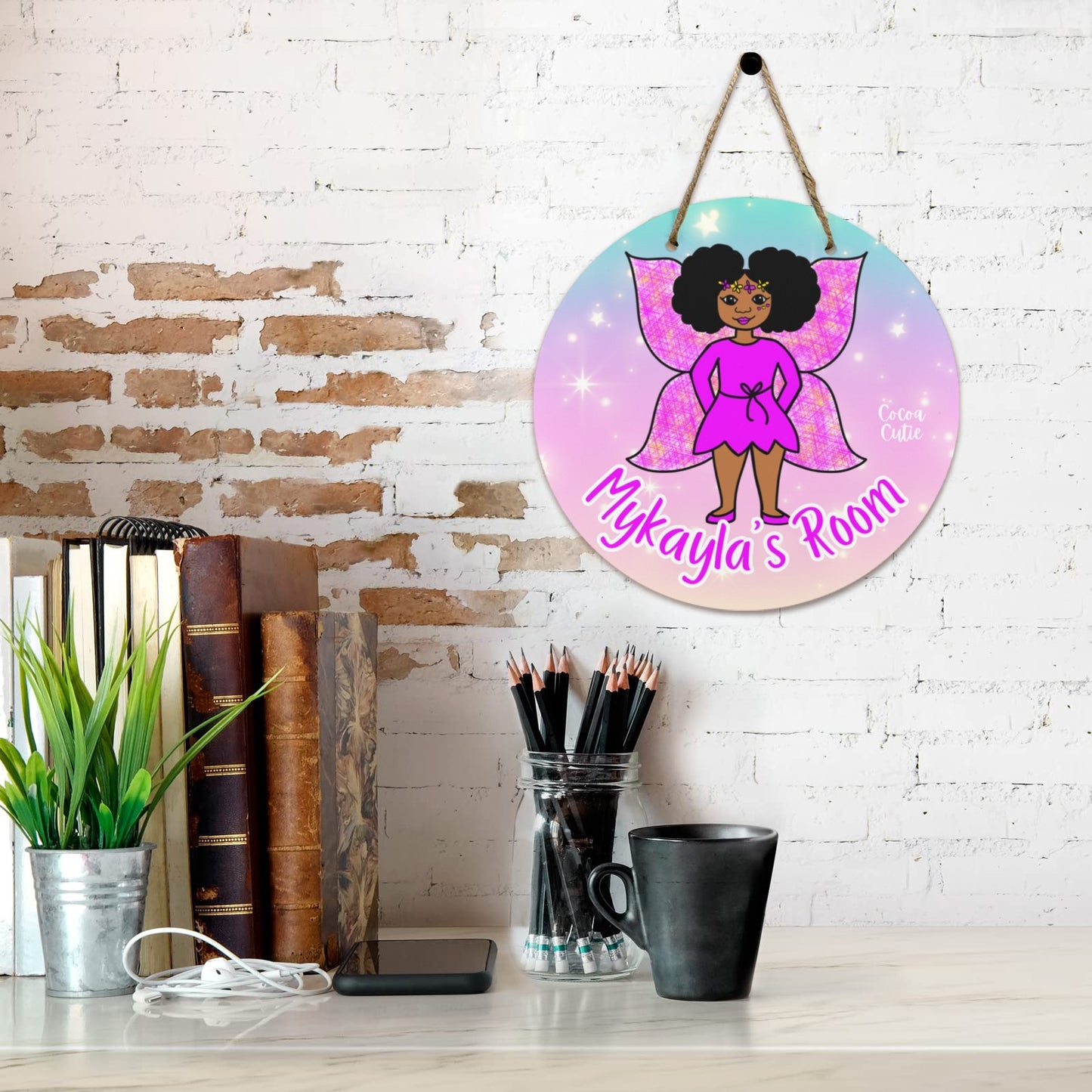 Cocoa Cutie Fairy Round Wooden Wall Door Sign 11.8''