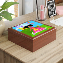 Load image into Gallery viewer, Cocoa Cutie Princess Afro Puffs Jewelry Box, Keepsake Box-Wood &amp; Ceramic Tile Top (PICK SKIN TONE)
