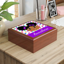 Load image into Gallery viewer, Cocoa Cutie Afro Puffs Purple Jewelry Box, Keepsake Box-Wood &amp; Ceramic Tile Top (PICK SKIN TONE)
