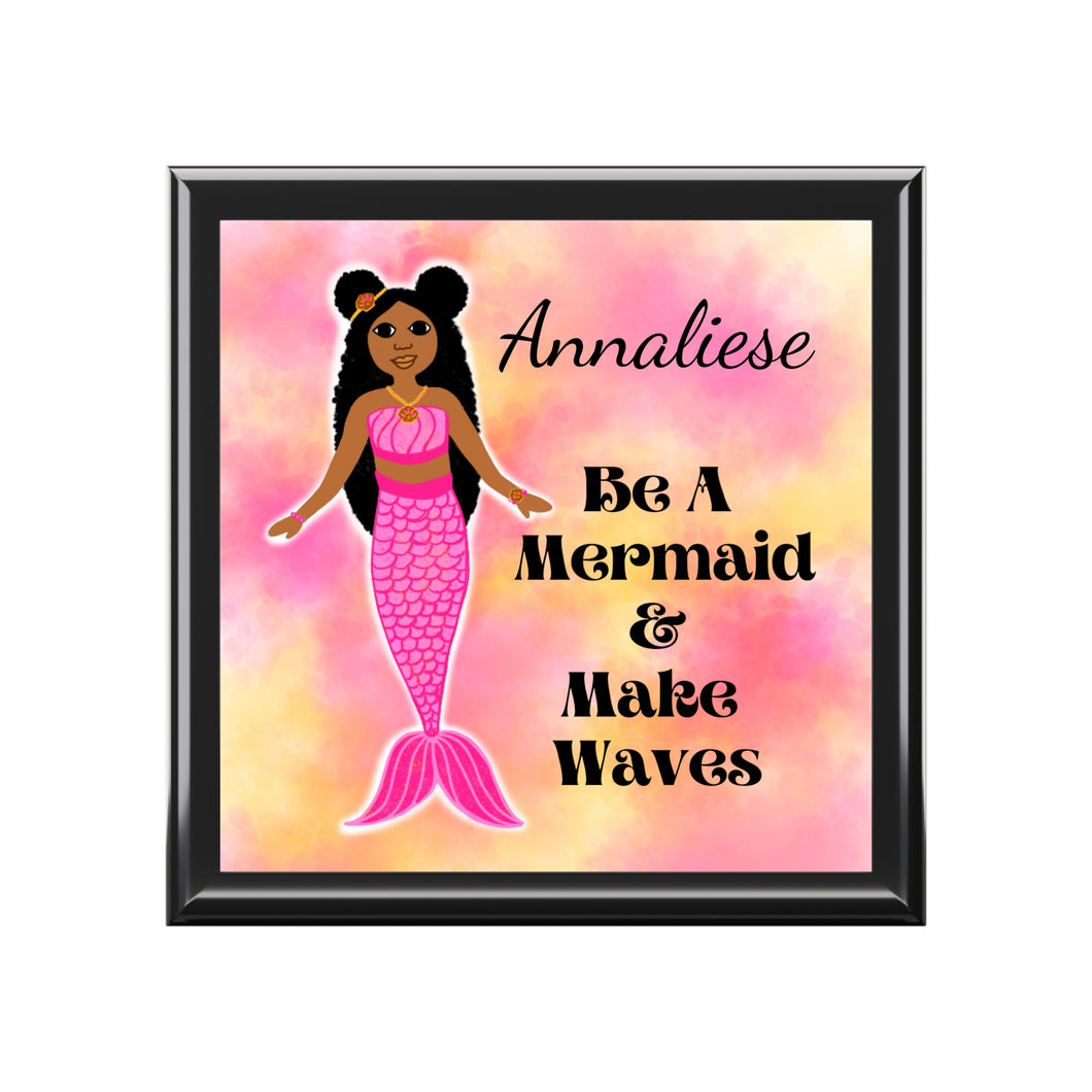 Cocoa Cutie Pink Mermaid Jewelry Box, Keepsake Box-Wood & Ceramic Tile Top (PICK SKIN TONE)