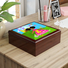 Load image into Gallery viewer, Cocoa Cutie Princess Afro Puffs Jewelry Box, Keepsake Box-Wood &amp; Ceramic Tile Top (PICK SKIN TONE)
