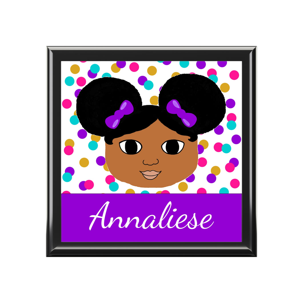 Cocoa Cutie Afro Puffs Purple Jewelry Box, Keepsake Box-Wood & Ceramic Tile Top (PICK SKIN TONE)