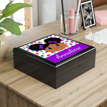 Load image into Gallery viewer, Cocoa Cutie Afro Puffs Purple Jewelry Box, Keepsake Box-Wood &amp; Ceramic Tile Top (PICK SKIN TONE)
