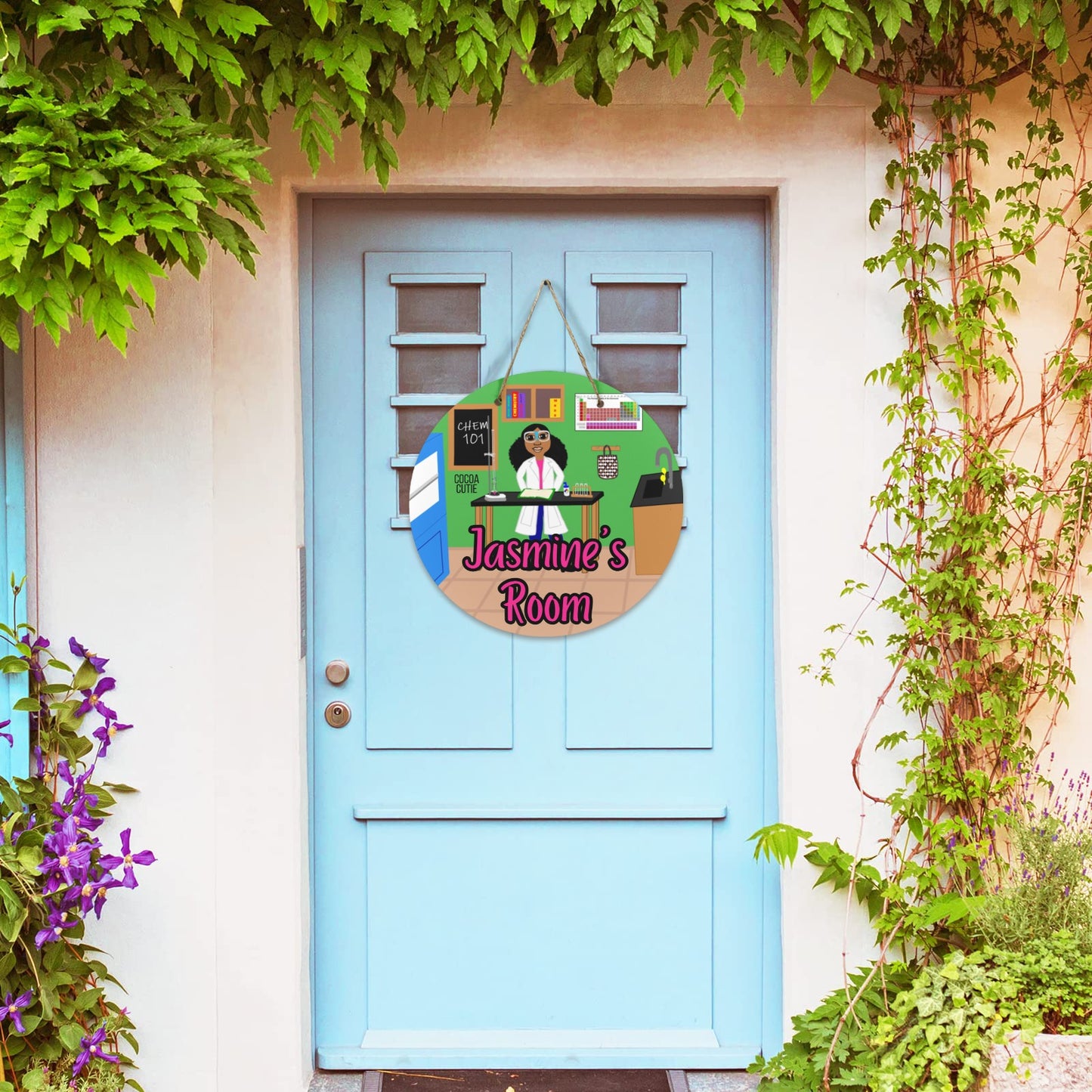 Cocoa Cutie Chemist Girl Round Wooden Door Sign 11.8''