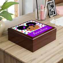 Load image into Gallery viewer, Cocoa Cutie Afro Puffs Purple Jewelry Box, Keepsake Box-Wood &amp; Ceramic Tile Top (PICK SKIN TONE)
