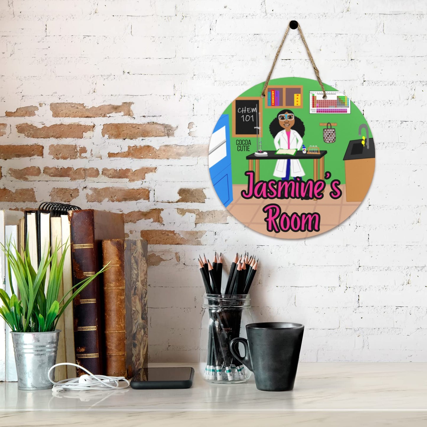 Cocoa Cutie Chemist Girl Round Wooden Door Sign 11.8''