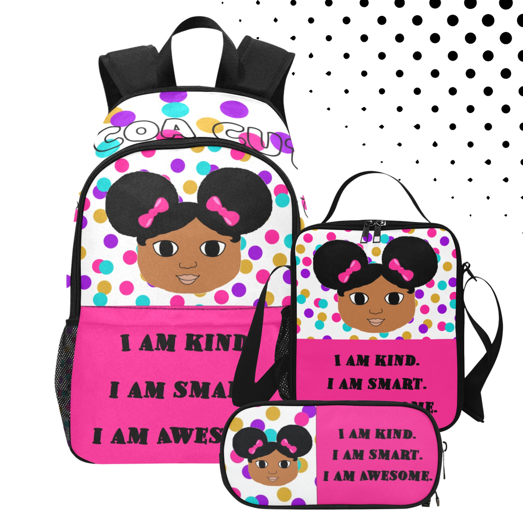 BUNDLE-3PC BACKPACK SET Cocoa Cutie I Am Affirmation Girl PINK (PICK YOUR SKIN TONE)