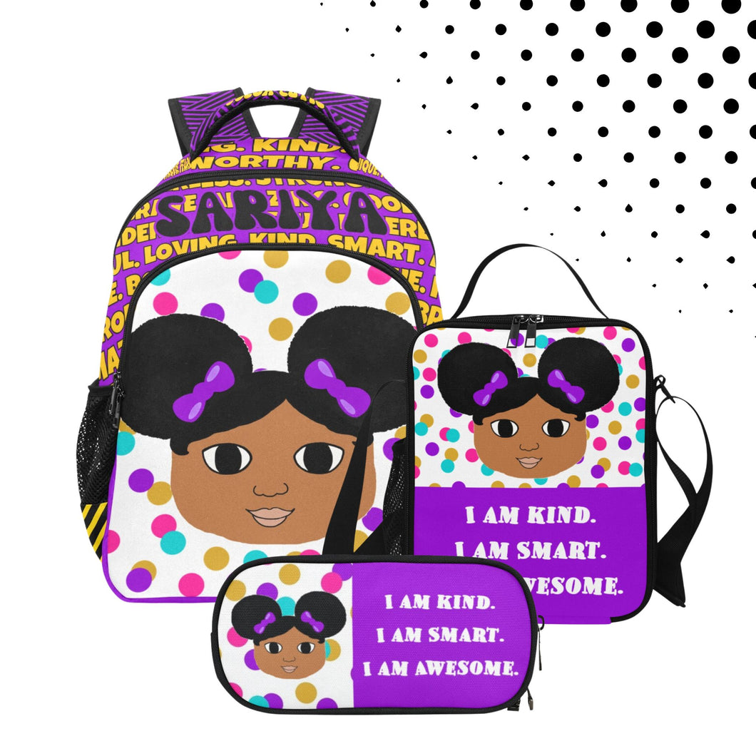 BUNDLE-3PC Cocoa Cutie I Am Affirmation Girl Purple Multifunctional BACKPACK SET (PICK YOUR SKIN TONE)