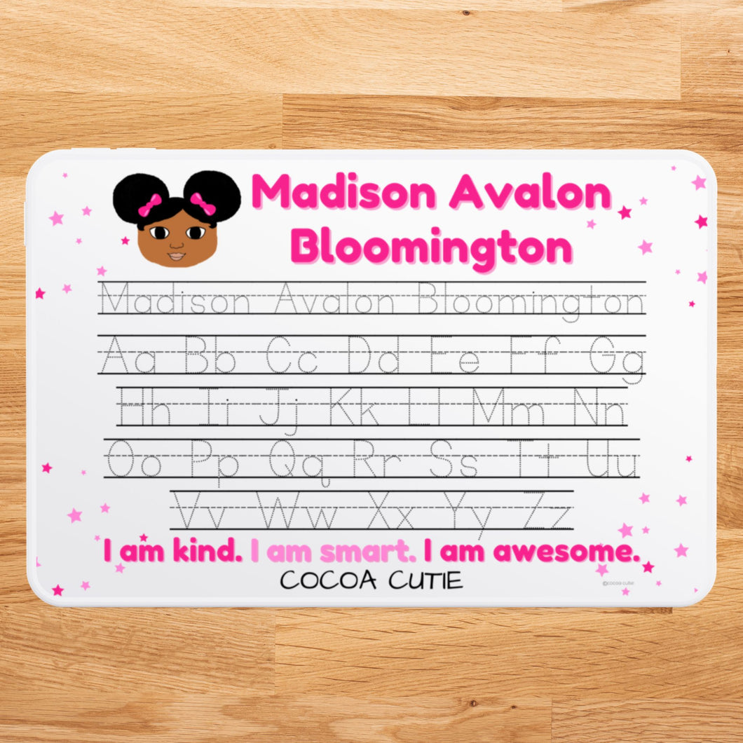 Cocoa Cutie Afro Puffs and Pink Bows Kid's Personalized Whiteboard ABC (PICK YOUR OWN SKIN TONE)