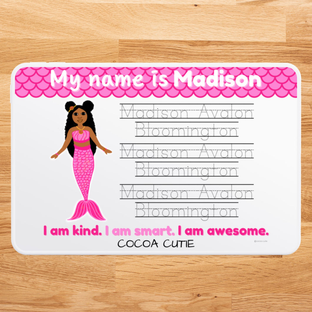 Cocoa Cutie Mermaid Kid's Personalized Whiteboard NAME (PICK YOUR OWN SKIN TONE)
