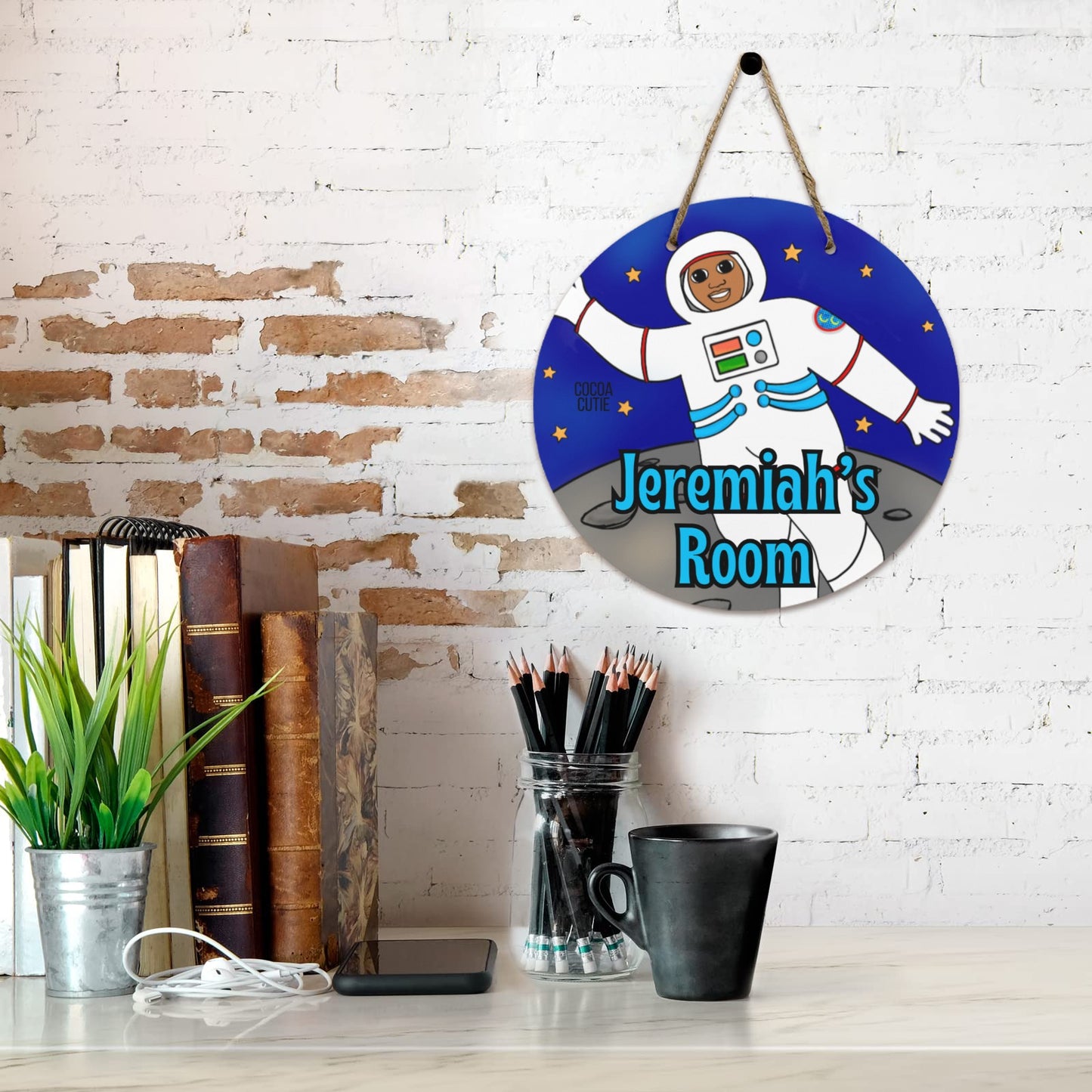 Cocoa Cutie Astronaut Boy  Round Wooden Wall Door Sign 11.8''