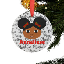 Load image into Gallery viewer, Cocoa Cutie Christmas Afro Puffs Acrylic Ornament with Ribbon (PICK SKIN TONE)
