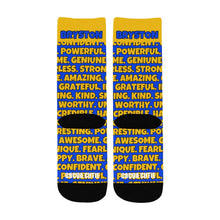 Load image into Gallery viewer, Cocoa Cutie Affirmations Blue Gold Kid&#39;s Socks
