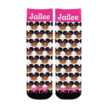 Load image into Gallery viewer, Cocoa Cutie Afro Puffs and Pink Bows Kid&#39;s Socks (PICK YOUR SKIN TONE.)
