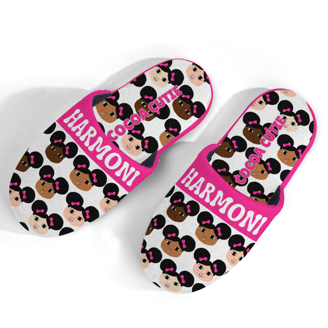 NEW! Cocoa Cutie Afro Puffs Pink Bows Kids Micro Suede Bedroom House Slippers