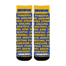Load image into Gallery viewer, Cocoa Cutie Affirmations Blue Gold Kid&#39;s Socks
