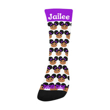 Load image into Gallery viewer, Cocoa Cutie Afro Puffs and Purple Bows Kid&#39;s Socks (PICK YOUR SKIN TONE.)
