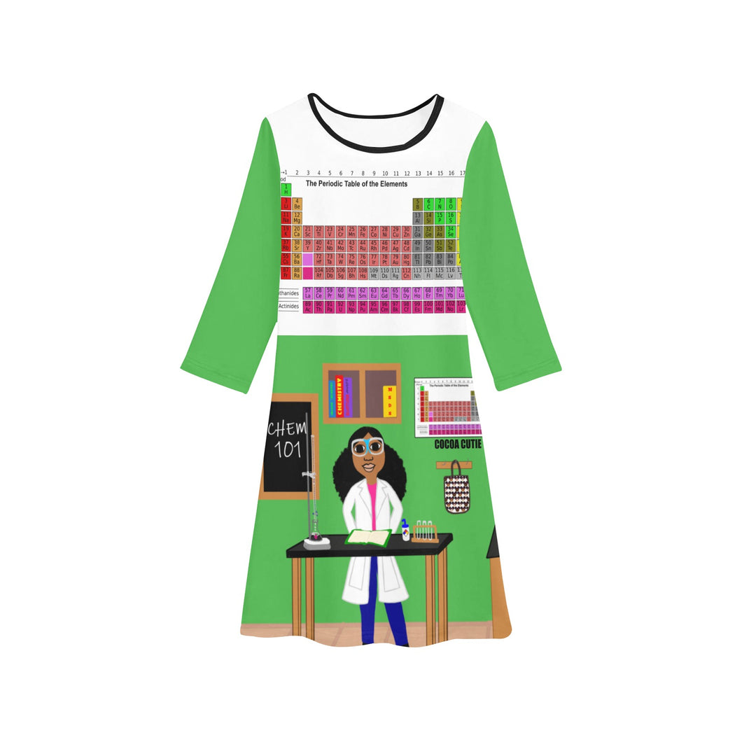 Cocoa Cutie Chemist Scientist Jordyn Green Girls' Long Sleeve Dress (PICK SKIN TONE)