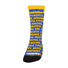 Load image into Gallery viewer, Cocoa Cutie Affirmations Blue Gold Kid&#39;s Socks
