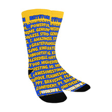Load image into Gallery viewer, Cocoa Cutie Affirmations Blue Gold Kid&#39;s Socks

