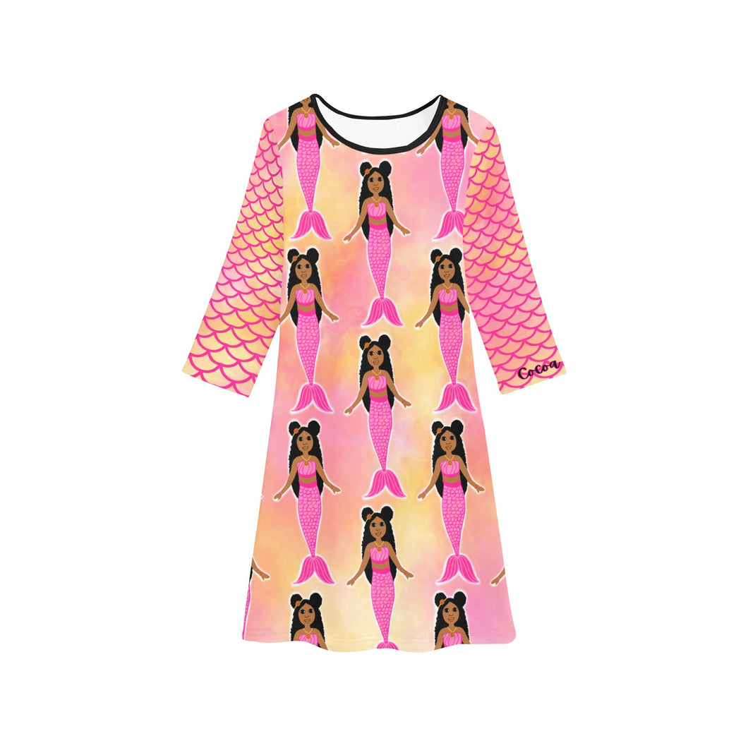 Cocoa Cutie Pink Mermaid Girls' Long Sleeve Dress (PICK SKIN TONE)