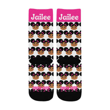Load image into Gallery viewer, Cocoa Cutie Afro Puffs and Pink Bows Kid&#39;s Socks (PICK YOUR SKIN TONE.)
