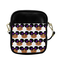 Load image into Gallery viewer, Cocoa Cutie Afro Puffs and Purple Bows Faux Leather Purse (PICK YOUR SKIN TONE)
