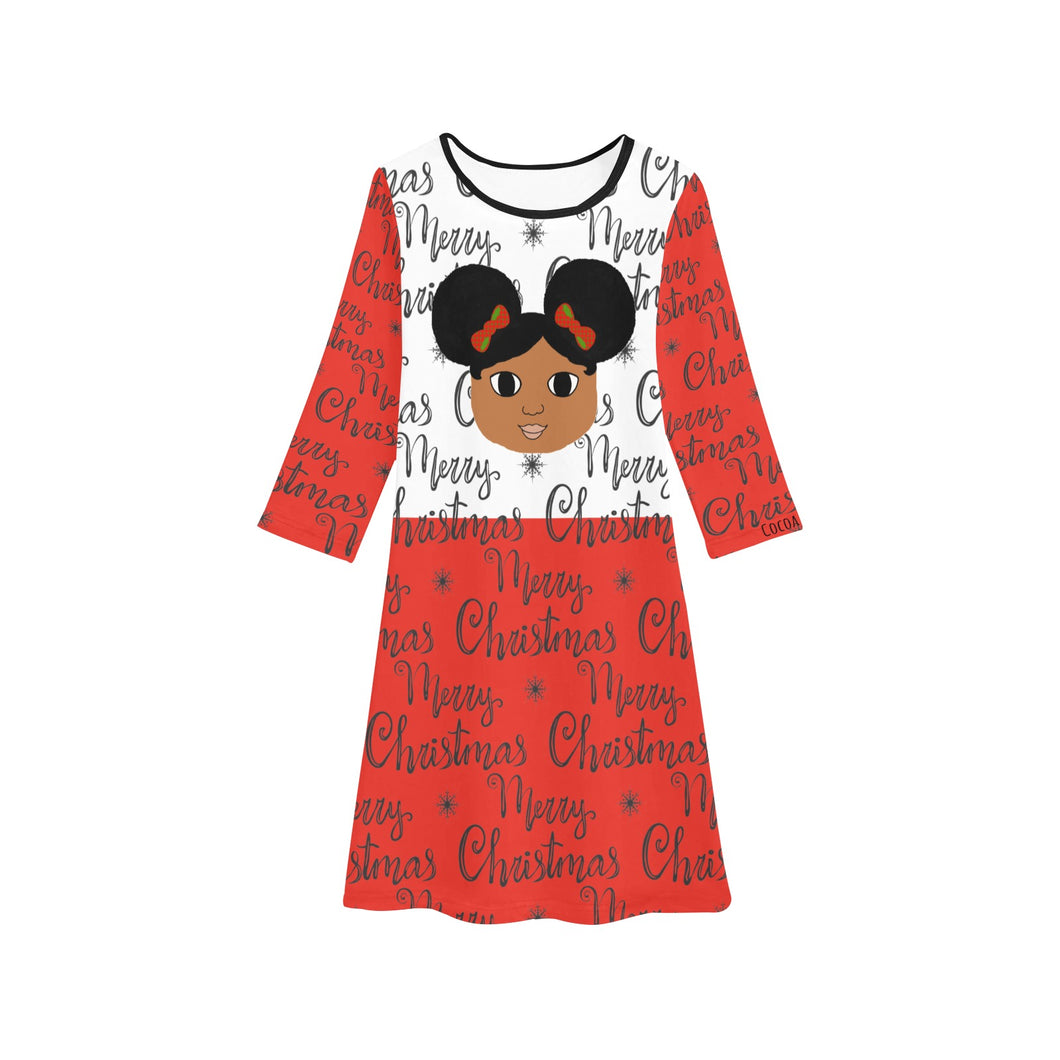 Cocoa Cutie Christmas Afro Puffs Girls' Long Sleeve Dress (PICK SKIN TONE)
