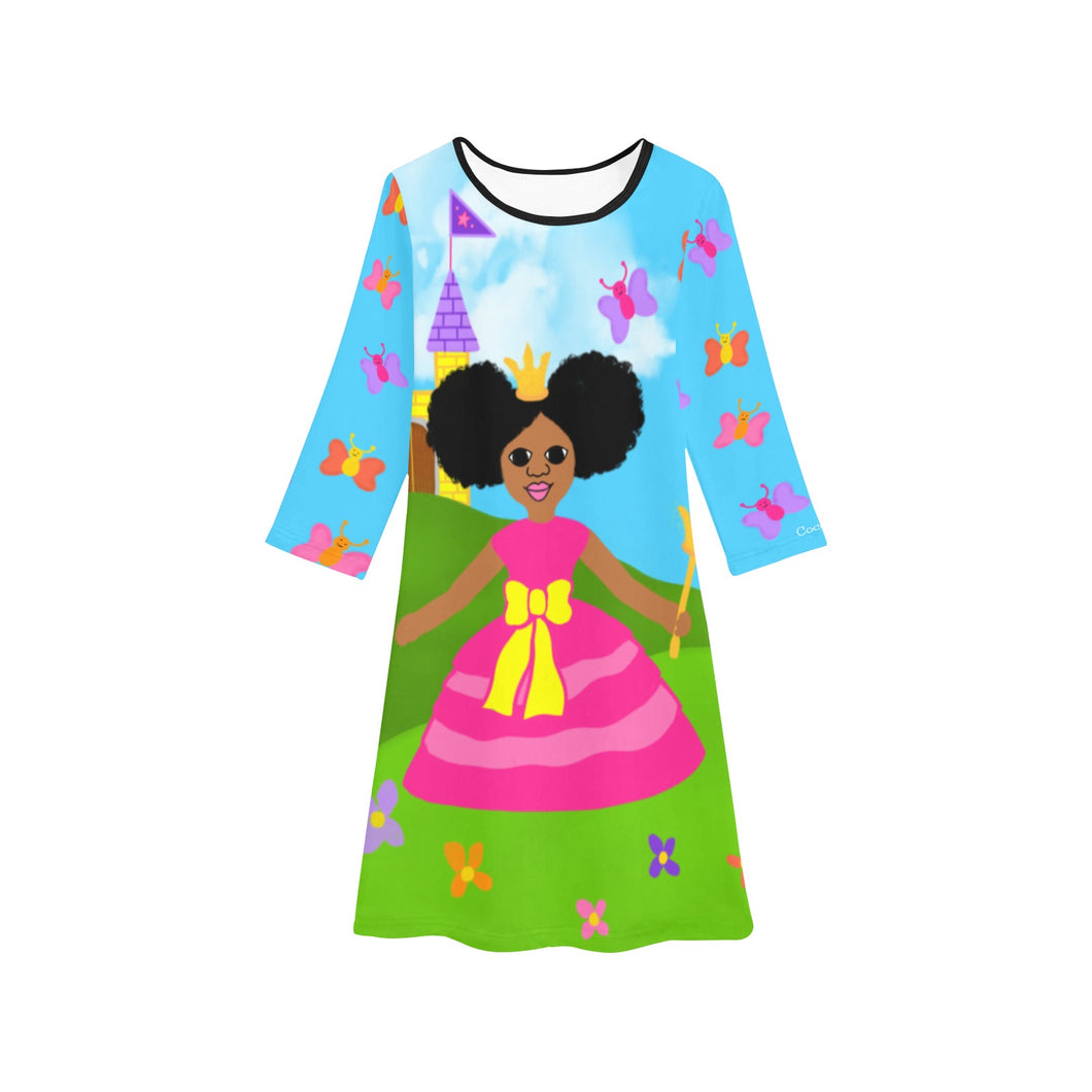 Cocoa Cutie Princess Afro Puffs Girls' Long Sleeve Dress (PICK SKIN TONE)
