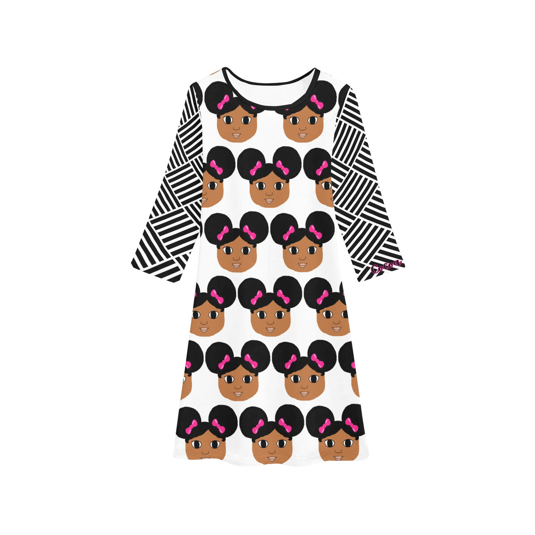 Cocoa Cutie Afro Puffs and Pink Bows Girls' Long Sleeve Dress (PICK SKIN TONE)